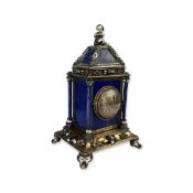 A LATE 19TH CENTURY VIENNESE ENAMEL, LAPIS LAZULI AND SILVER GILT CLOCK