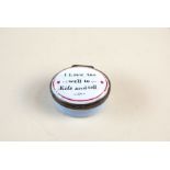 A RARE LATE 18TH CENTURY BILSTON ENAMEL PATCH BOX 'KISS & TELL',