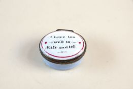 A RARE LATE 18TH CENTURY BILSTON ENAMEL PATCH BOX 'KISS & TELL',