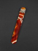 A FINE 19TH CENTURY FRENCH AGATE, SILVER AND DIAMAOND MOUNTED LETTER OPENER