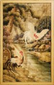 A VERY LARGE MEIJI PERIOD EMBROIDERED SILK PICTURE OF COCKERELS