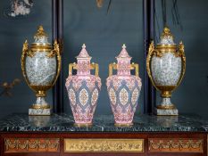 A PAIR OF 19TH CENTURY PORCELAIN URNS BY ROYAL CROWN DERBY FOR THE ISLAMIC MARKET