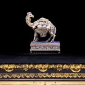 A FINE 19TH CENTURY VIENNESE SILVER GILT, PEARL AND RUBY SET, ENAMELLED MODEL OF A CAMEL