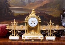 A FINE 19TH CENTURY FRENCH GILT BRONZE AND MARBLE CLOCK GARNITURE
