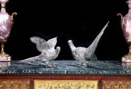 A LARGE PAIR OF STERLING SILVER MODELS OF PHEASANTS C. 1926, MARSHALL FIELD & CO.