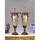 A LARGE PAIR OF LATE 19TH CENTURY SEVRES STYLE PORCELAIN VASES CONVERTED TO LAMPS