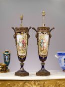 A LARGE PAIR OF LATE 19TH CENTURY SEVRES STYLE PORCELAIN VASES CONVERTED TO LAMPS