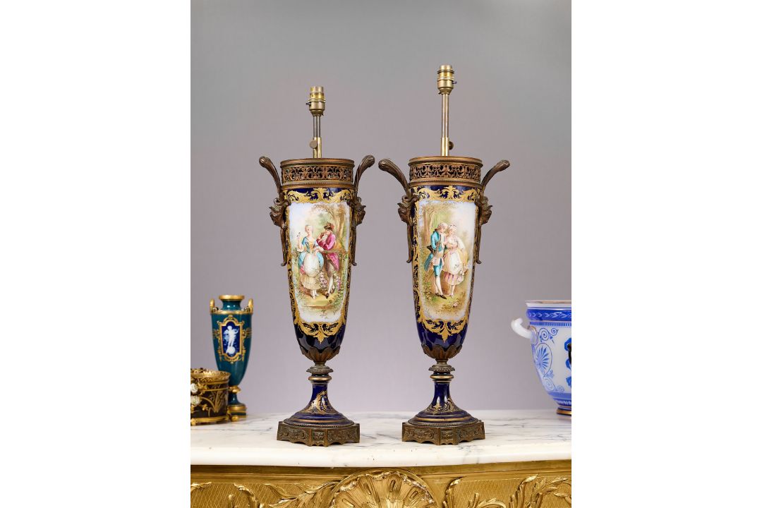 A LARGE PAIR OF LATE 19TH CENTURY SEVRES STYLE PORCELAIN VASES CONVERTED TO LAMPS