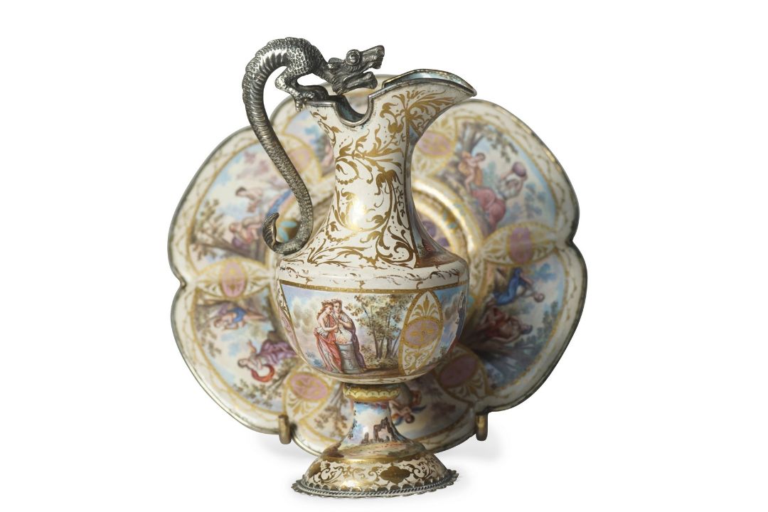 A FINE LATE 19TH CENTURY VIENNESE ENAMEL AND SILVER JUG AND TRAY - Image 3 of 5