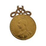 A VICTORIA 22CT GOLD FULL SOVEREIGN C. 1887 WITH GOLD MOUNT