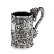 A RARE CHINESE EXPORT SOLID SILVER DRAGON MUG, SHAN JI C. 1900