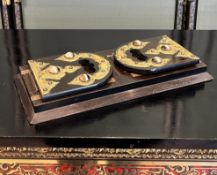 A 19TH CENTURY CALAMANDER, BRASS AND CABOCHON SET BOOK CARRIER
