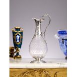 A FINE 19TH CENTURY STERLING SILVER AND GLASS CLARET JUG C. 1855