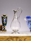A FINE 19TH CENTURY STERLING SILVER AND GLASS CLARET JUG C. 1855