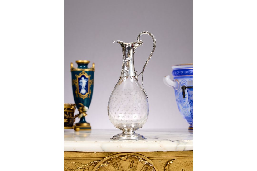 A FINE 19TH CENTURY STERLING SILVER AND GLASS CLARET JUG C. 1855