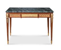 A 19TH CENTURY FRENCH MAHOGANY, MARBLE AND ORMOLU TABLE IN THE MANNER OF LINKE