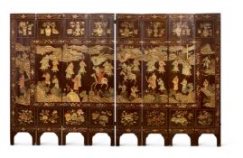 A CHINESE EIGHT PANEL LACQUERED FOLDING SCREEN