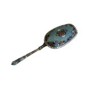 A FINE LATE 19TH CENTURY RUSSIAN SILVER AND ENAMEL SUGAR SPOON BY GUSTAV KLINGERT C. 1890