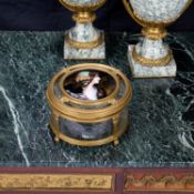 A LATE 19TH CENTURY LIMOGES ENAMEL, ORMOLU AND ENGRAVED GLASS JEWELLERY BOX