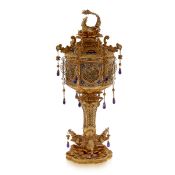 A CHINESE EXPORT SILVER GILT FILIGREE AND GEM SET CUP AND COVER