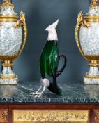 A SPANISH SILVER AND GREEN GLASS WINE DECANTER FORMED AS BIRD, MARK OF DIONÍSIO GARCÍA, MADRID