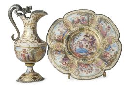 A FINE LATE 19TH CENTURY VIENNESE ENAMEL AND SILVER JUG AND TRAY