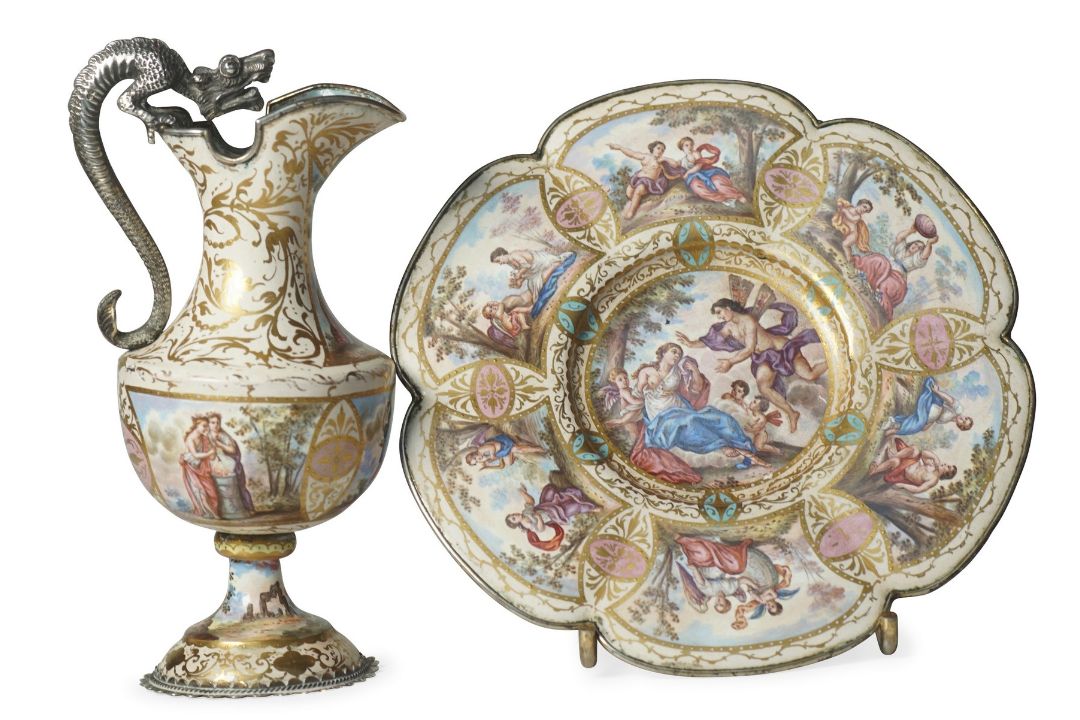 A FINE LATE 19TH CENTURY VIENNESE ENAMEL AND SILVER JUG AND TRAY - Image 1 of 5