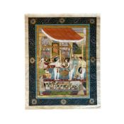A LARGE INDIAN PAINTING ON SILK OF EMPEROR JAHANGIR WEIGHING HIS SON KHURRAM IN GOLD