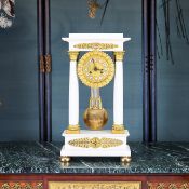 A LARGE MID 19TH CENTURY FRENCH WHITE MARBLE AND ORMOLU MOUNTED PORTICO CLOCK