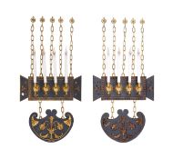 A LARGE PAIR OF PAINTED AND PARCEL GILT FOUR BRANCH WALL LIGHTS