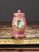AN 18TH CENTURY BILSTON ENAMEL HONEY POT AND COVER C. 1790