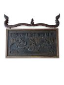 A CHINESE CARVED WOOD HANGING RELIEF PANEL