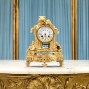 A 19TH CENTURY FRENCH GILT BRONZE AND PORCELAIN MOUNTED MANTEL CLOCK C. 1870