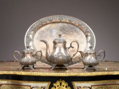 A RARE INDONESIAN (JAVA) YOGYA SILVER TEA SET WITH TRAY C. 1930'S-1940'S