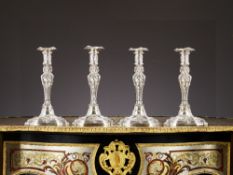 A SET OF FOUR LARGE VICTORIAN STERLING SILVER CANDLESTICKS, R&S GARRARD & CO. LONDON, 1888