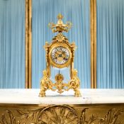 A FINE 19TH CENTURY GILT BRONZE FOUR GLASS MANTEL CLOCK SIGNED DESVIGNES