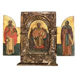 A 17TH CENTURY GREEK TRIPTYCH ICON OF ST NICHOLAS OF MYRA FLANKED BY SAINTS
