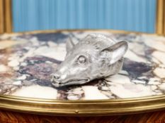 A FINE MID 19TH CENTURY STERLING SILVER FOX STIRRUP CUP, LONDON, 1851