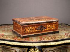 A 17TH CENTURY STYLE MARQUETRY AND OYSTER VENEERED OLIVE WOOD LACE BOX