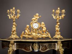 A VERY LARGE 19TH CENTURY FRENCH GILT BRONZE FIGURAL CLOCK GARNITURE