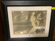 A framed Beatles picture together with a small Beatles card, bearing facsimile John Lennon