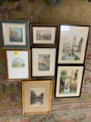 A collection of seven assorted oils, watercolours and prints to include Venice scenes