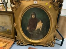 A Victorian gilt framed portrait overpainted print together with another print cattle watering