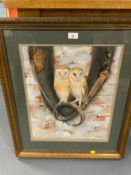 KW Pedley - A 20th century framed watercolour depicting barn owls