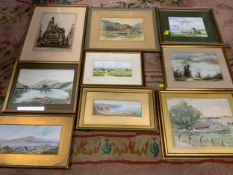 A tray of assorted watercolours to include an engraving depicting mainly Scottish scenes (9)