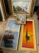 A collection of five assorted oils together with a portrait print (6)