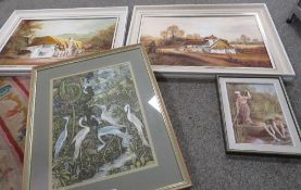 Three 20th century oil paintings by P Hudson, various subjects, together with a gouache study of