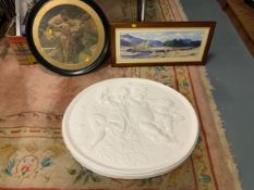 A large oval plaster plaque W 78 cm depicting three cherubs together with a children bathing print