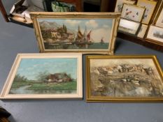 three large oil on canvas paintings depicting an Italian coastal scene, a cottage scene and an