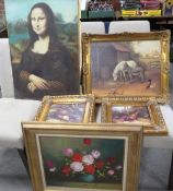 An oil on canvas 20th century still life study, oil on board copy of Mona Lisa together with three
